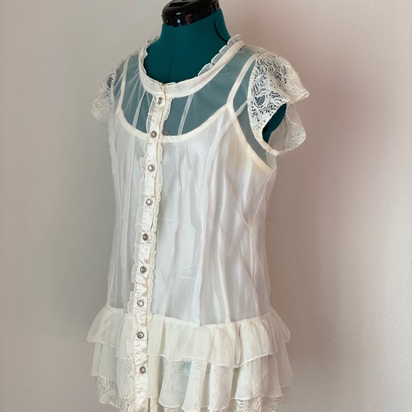 White Babydoll  Rhinestone button-up silk blouse L - Picture 3 of 10
